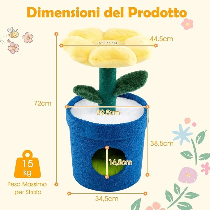 Albero per Gatti con Posatoio a Forma di Fiore, Condominio a Forma di Vaso, Tiragraffi a Forma di Stelo, Foglie Flessibili, Centro di Attività Versatile per Animali Domestici (Giallo)