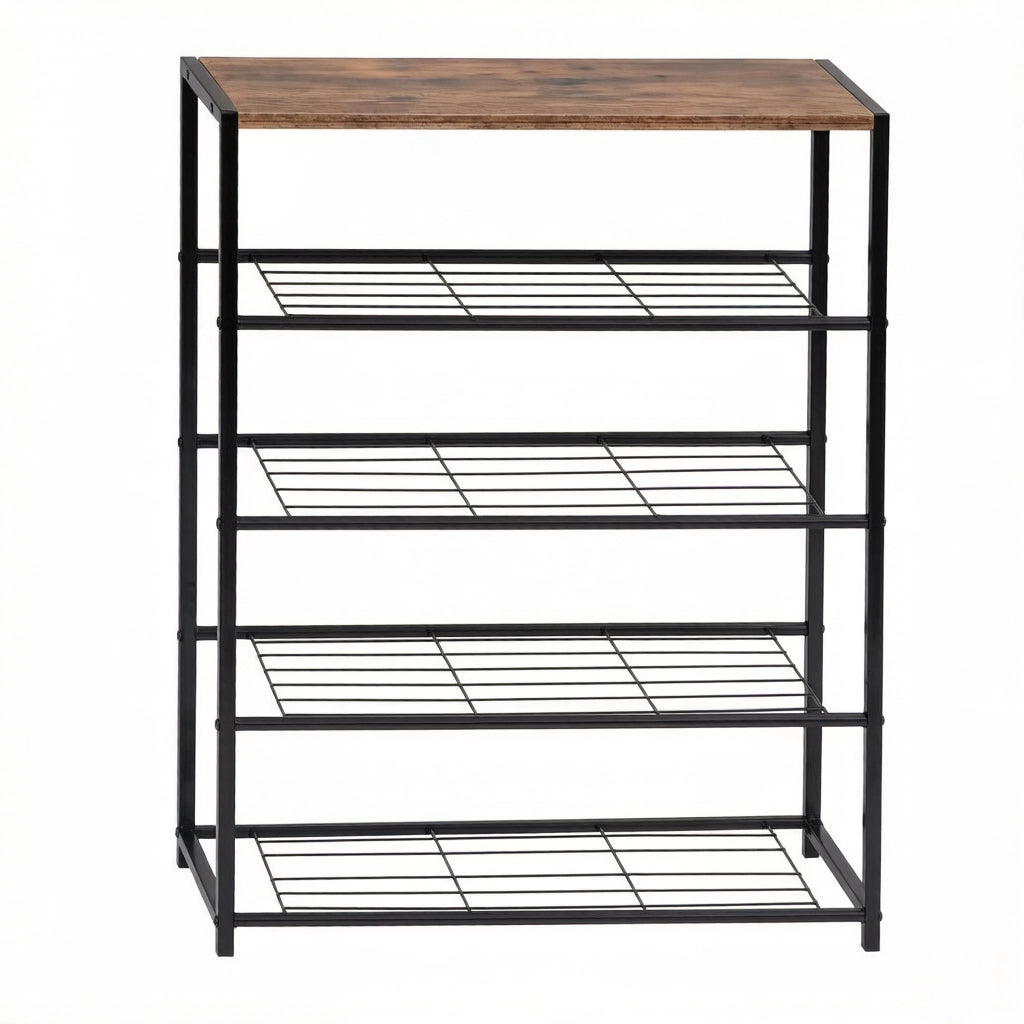 Scarpiera aperta a 4 ripiani in MDF e acciaio, stile industriale, 30 x 63 x 83 cm, nera/rustic brown