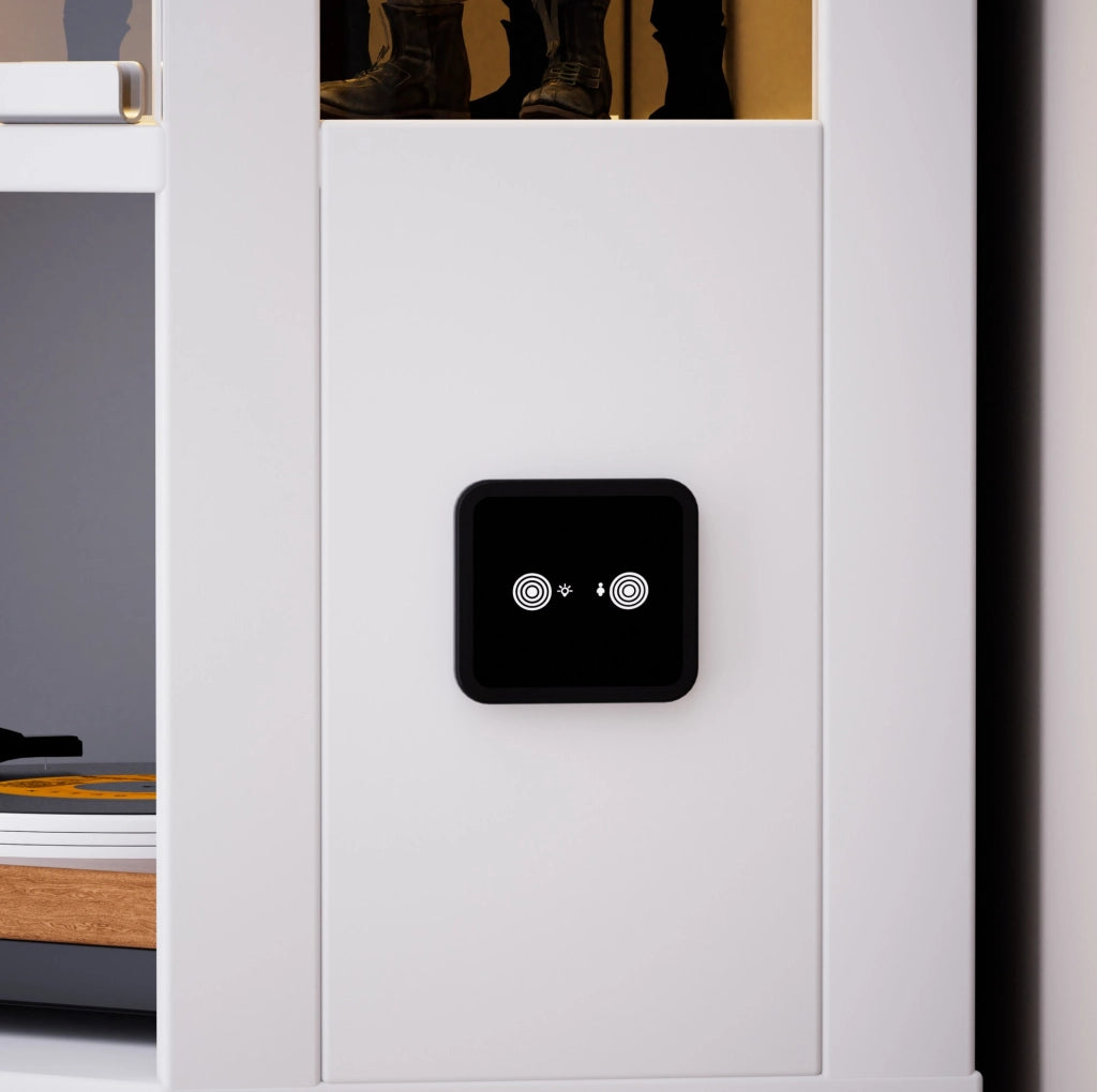 Vetrina bianca in MDF e vetro con illuminazione LED e sensore