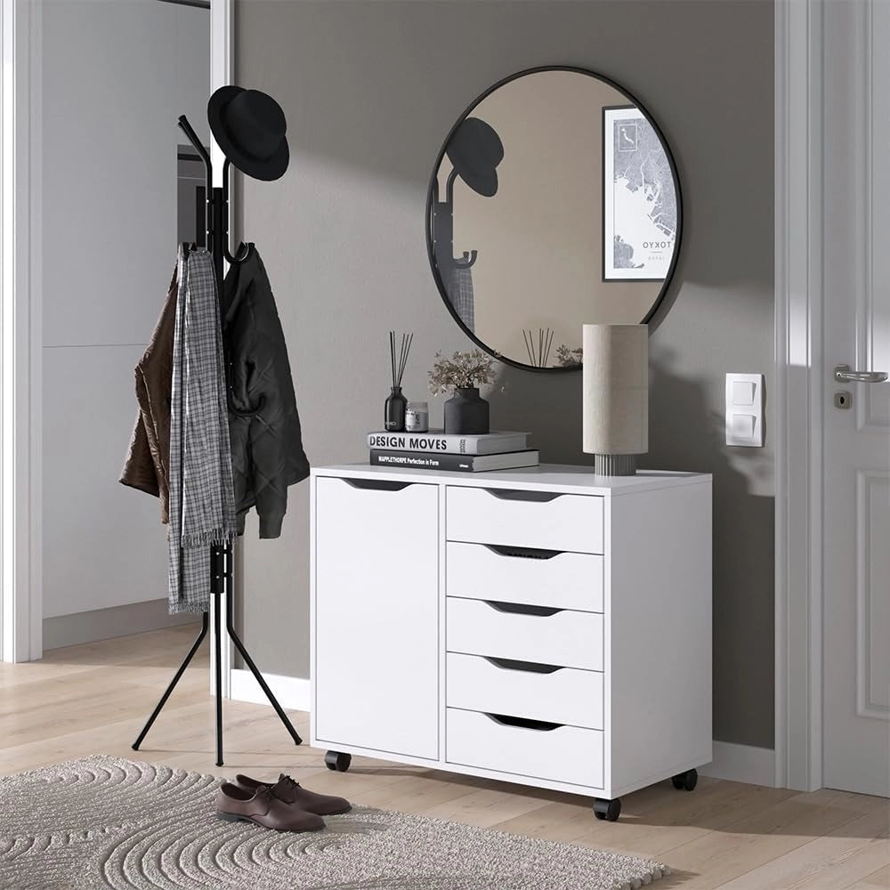 Credenza Otwin, Bianco, 40.6 x 61.5 cm con 5 cassetti e 1 anta, per la conservazione di abbigliamento e oggetti per la casa