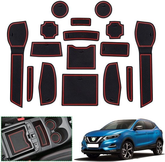 Pavimenti antislittamento per Nissan Qashqai J11 (2018-2021), mattonelle in gomma per Nissan Qashqai J11, mattonelle per console centrale, mattonelle per contenitore di stoccaggio, mattonelle per porta (rosso)