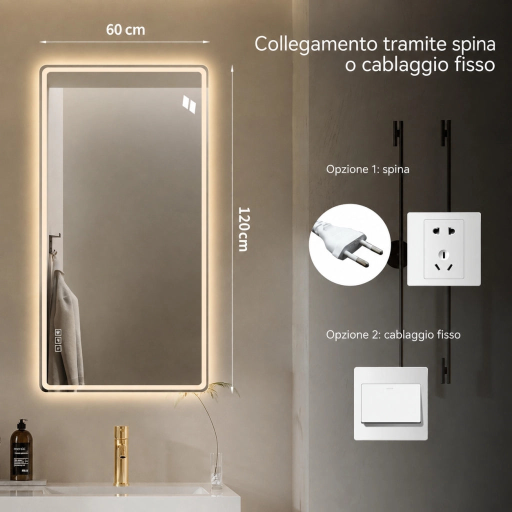 Specchio da bagno a LED 60x120 cm senza cornice; retroilluminato e frontale; antiappannamento; vetro HD; argento