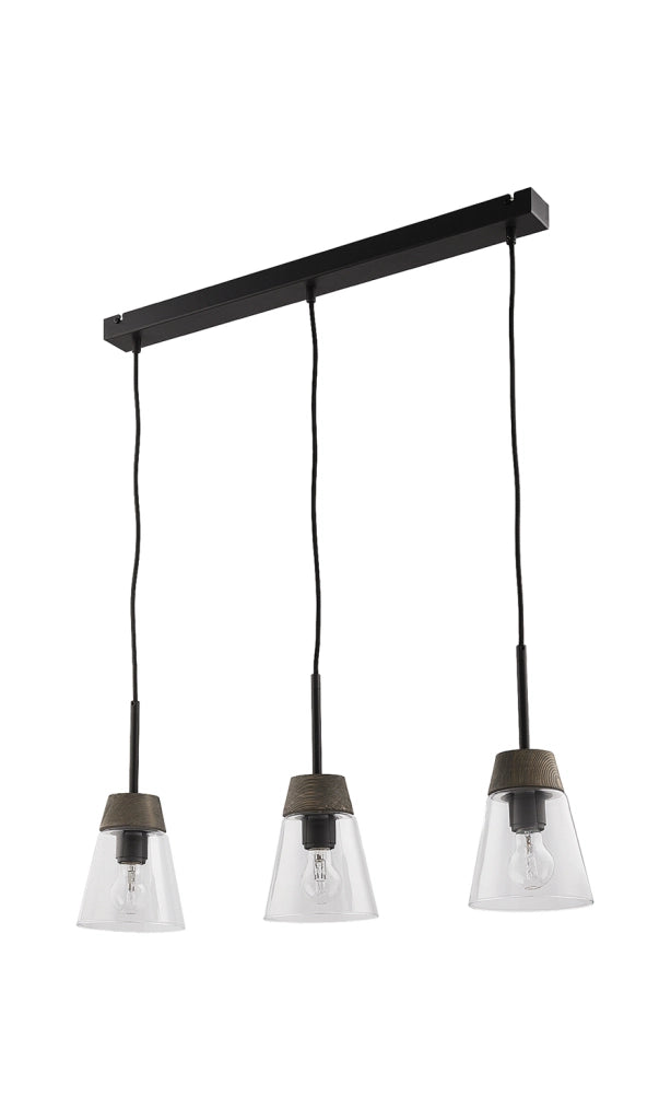 Lampada sospensione scandinava nera vetro legno 3xE27 Jupiter