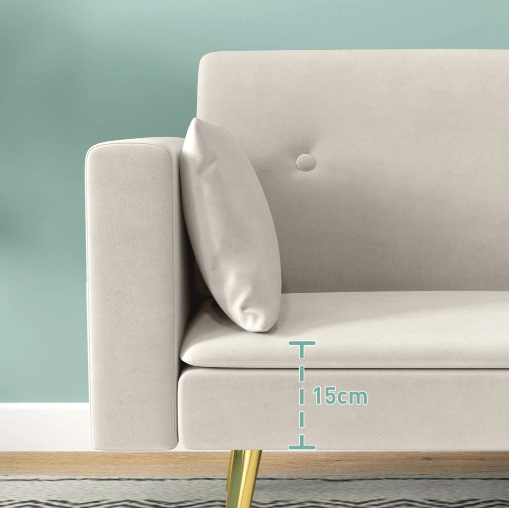 Divano letto imbottito beige con schienale regolabile, tasche laterali e due cuscini confortevoli