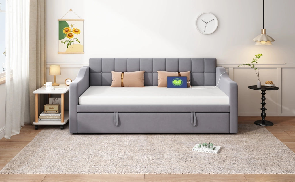 DESMIU Divano Letto 90 × 190 cm 1 posto con USB e vano portaoggetti, senza materasso, in velluto grigio