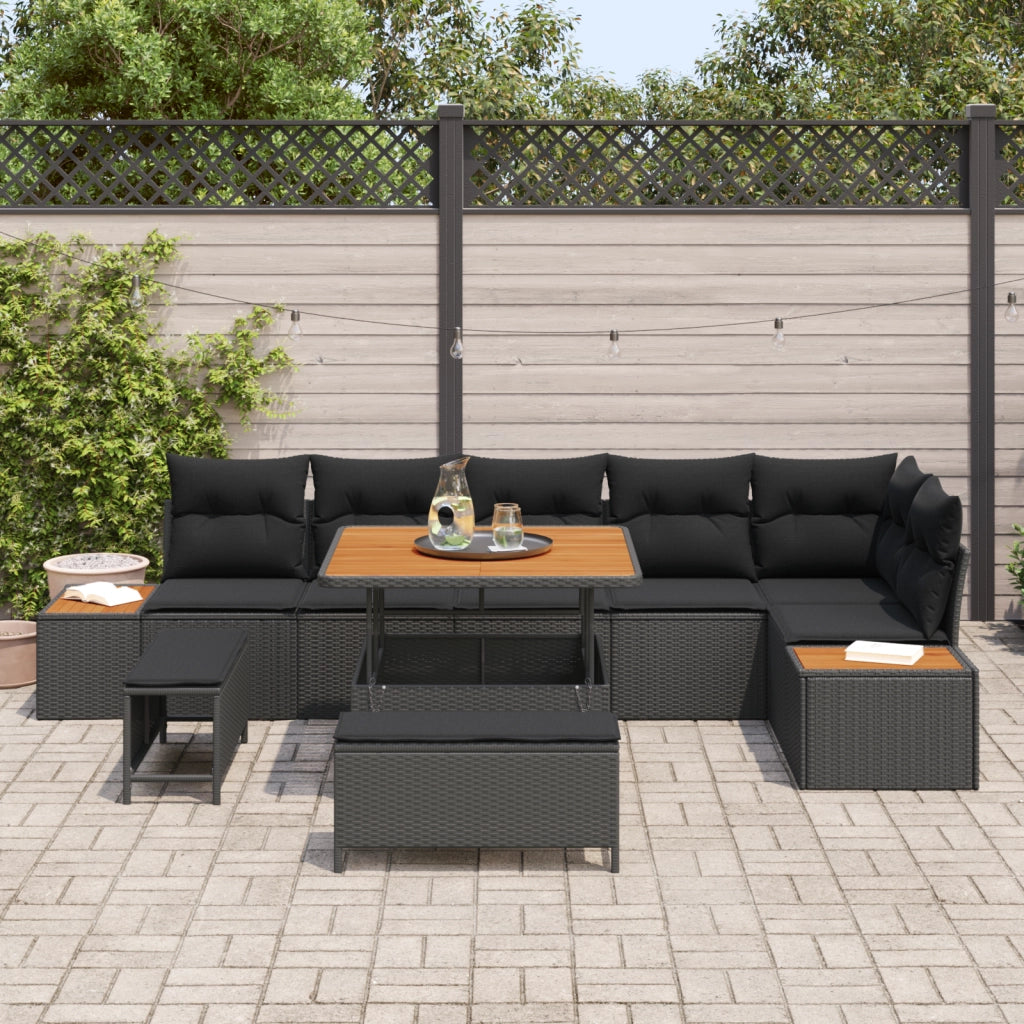 Set di SofÃ  da Giardino  9 Pezzi con Cuscini Nero Polyrattan Acacia