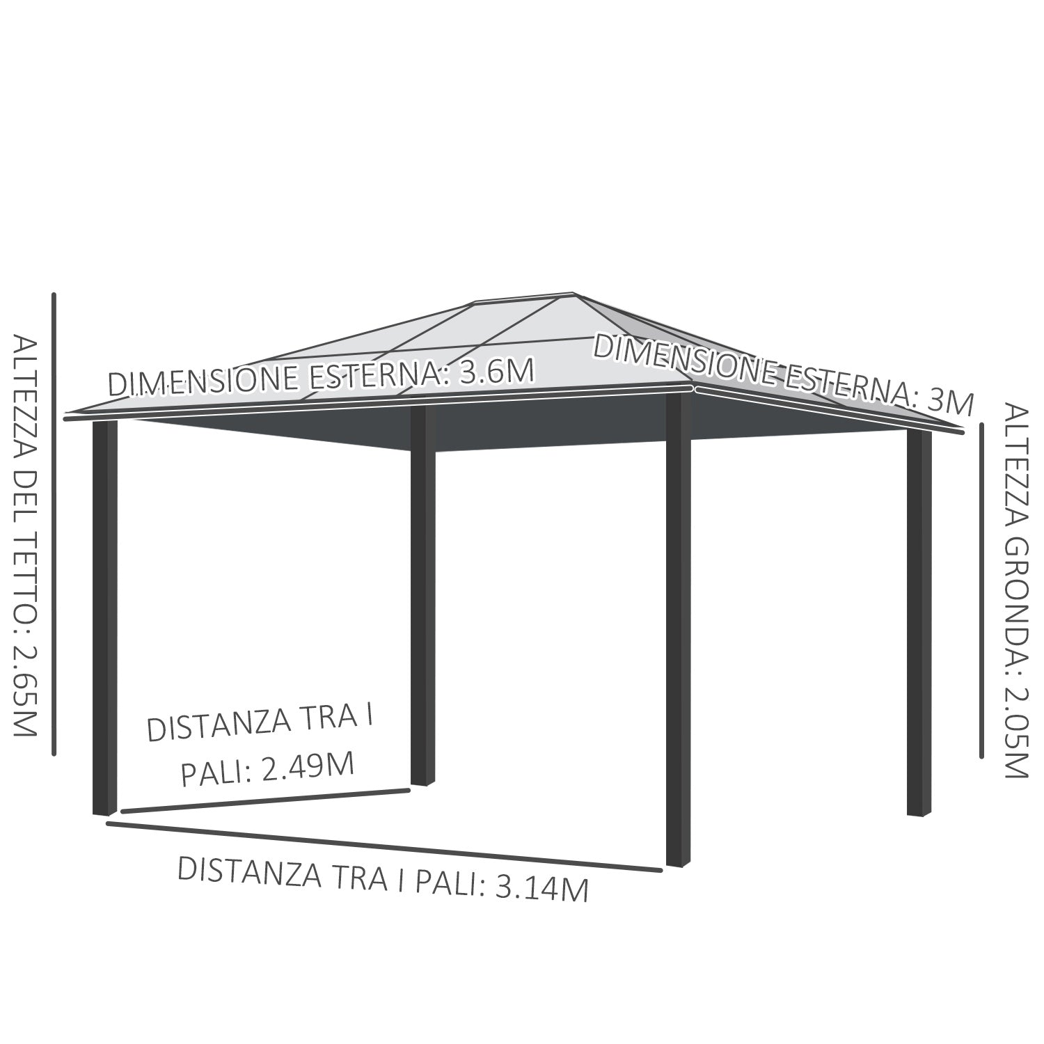 Gazebo da Giardino 3x3.6x2.65m in Alluminio e Policarbonato Tendone Lusso