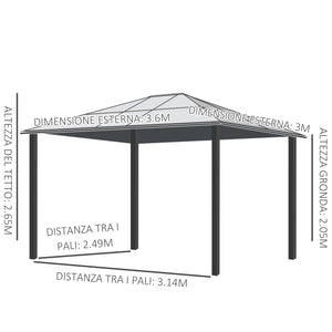 Gazebo da Giardino 3x3.6x2.65m in Alluminio e Policarbonato Tendone Lusso