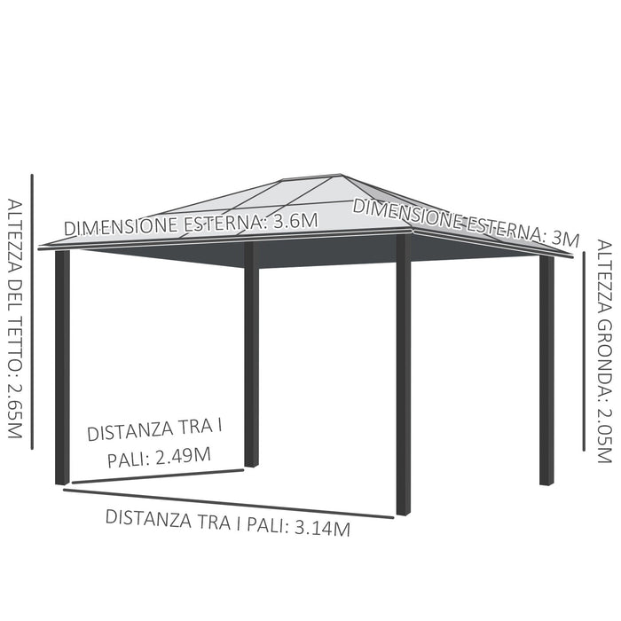 Gazebo da Giardino 3x3.6x2.65m in Alluminio e Policarbonato Tendone Lusso