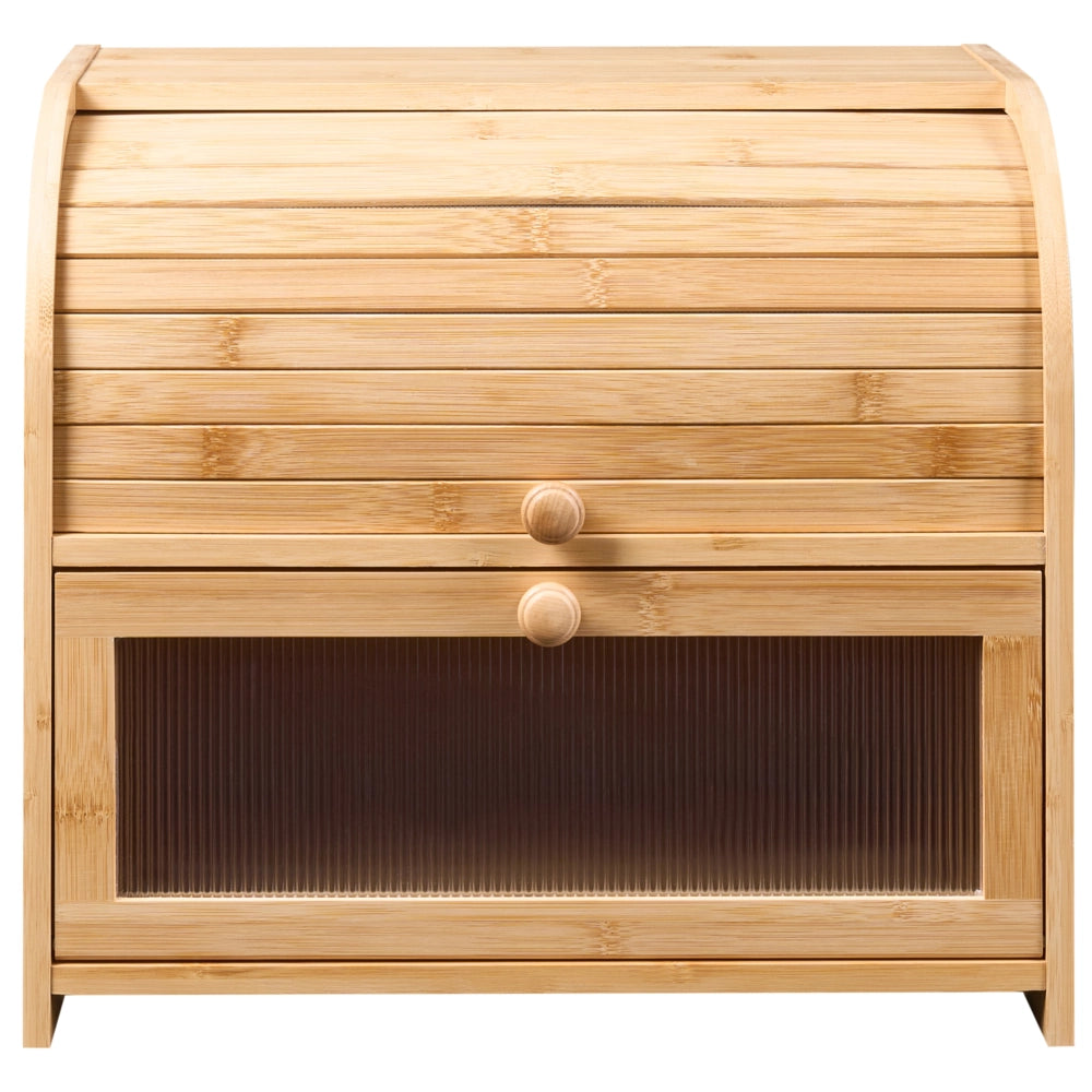 Contenitore per il pane a due ripiani scatola in bambù marrone chiaro 42 x 25 x 37 cm con pannello decorativo scanalato in stile scandinavo