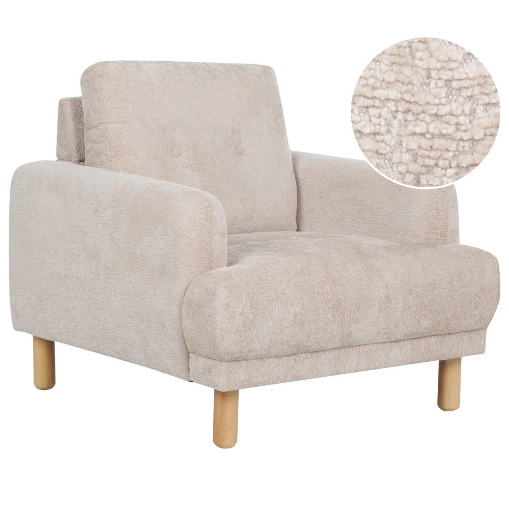 Poltrona retrò con rivestimento in poliestere gambe in legno spessa seduta in bouclé beige soggiorno moderno e minimalista
