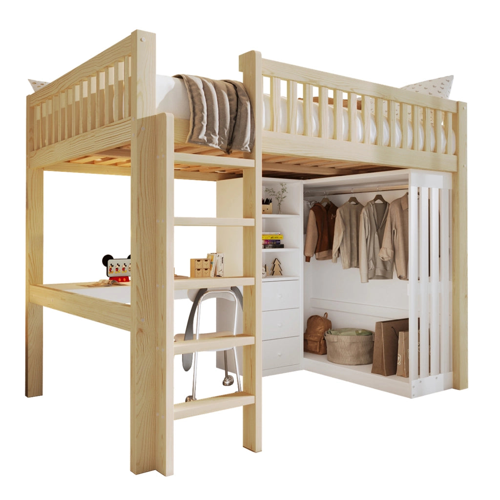 Letto a castello naturale in pino con scrivania armadio e 3 cassetti 140x200 cm