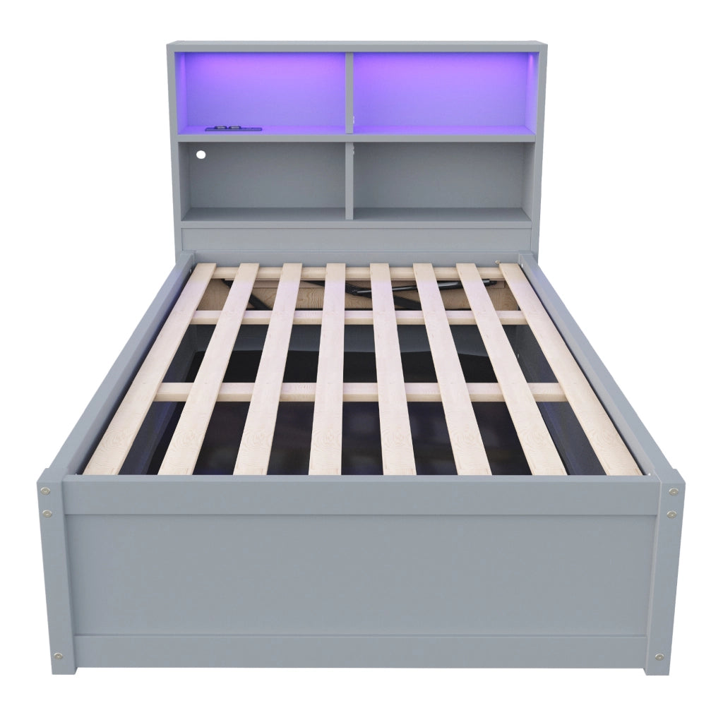 Letto 90x200 cm con presa multifunzione; LED e vani portaoggetti in legno grigio