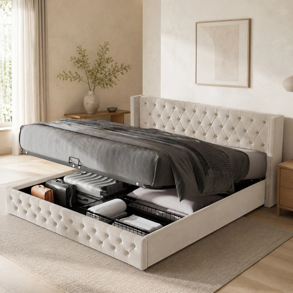 Letto matrimoniale imbottito stile Chesterfield 140x200 cm in velluto beige con contenitore