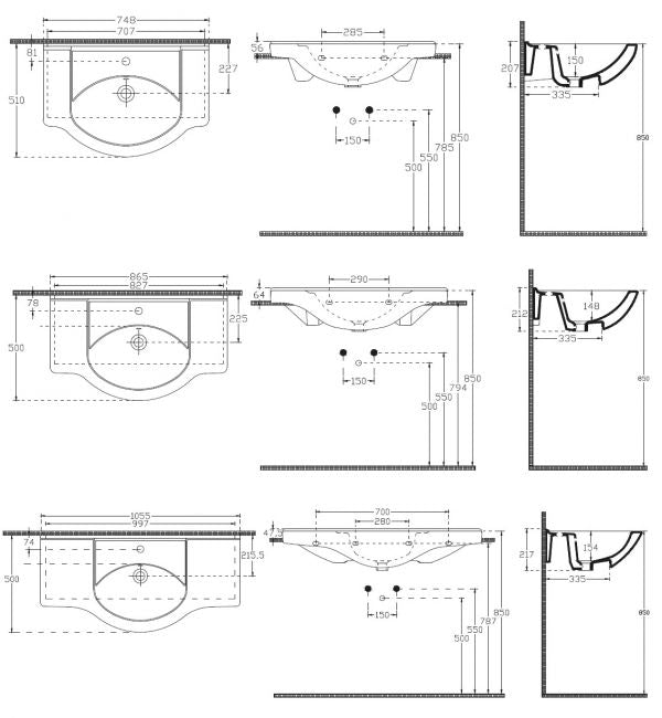 Lavabo a parete Consolle Universale 75 cm 85 cm 105 cm - Misura 75 cm