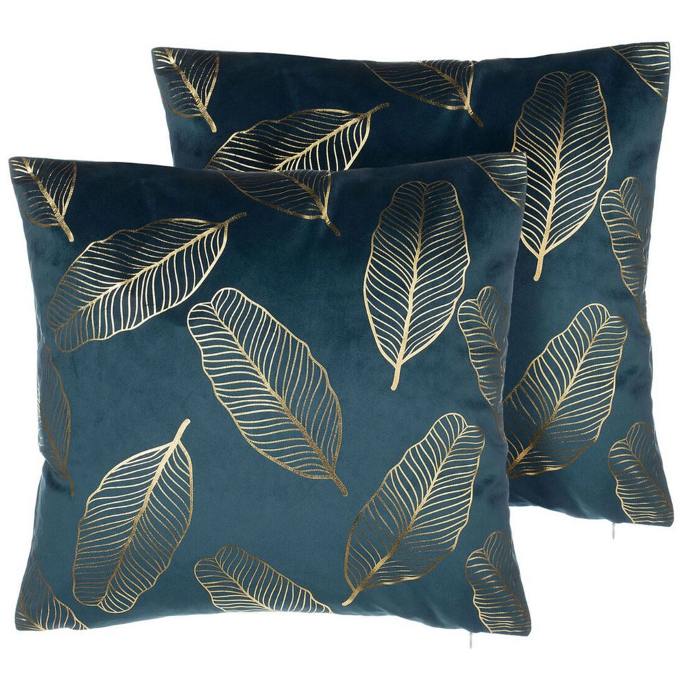 Set di 2 cuscini decorativi con motivo foglia di velluto blu 45 x 45 cm Accessori decorativi con stampa in lamina dorato