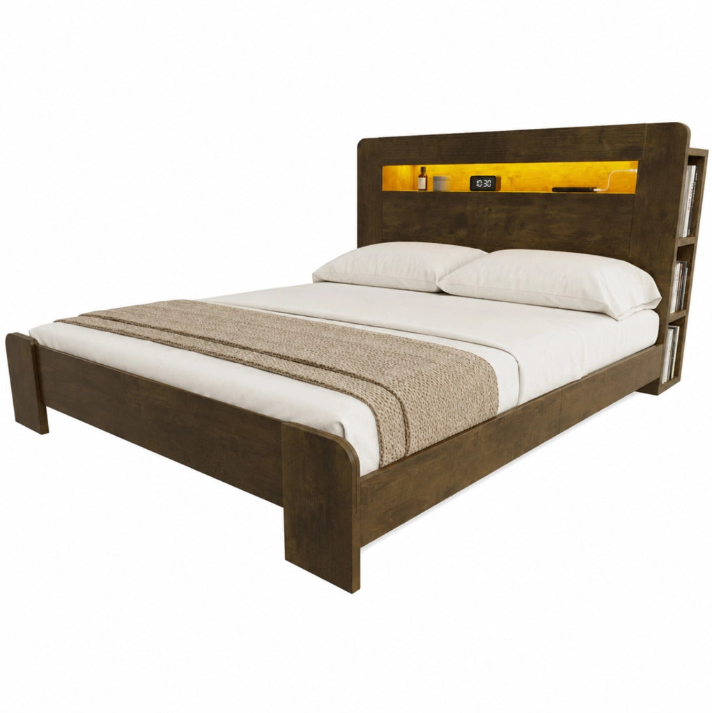Letto 140x200 cm con testiera portaoggetti; LED e prese integrate in legno