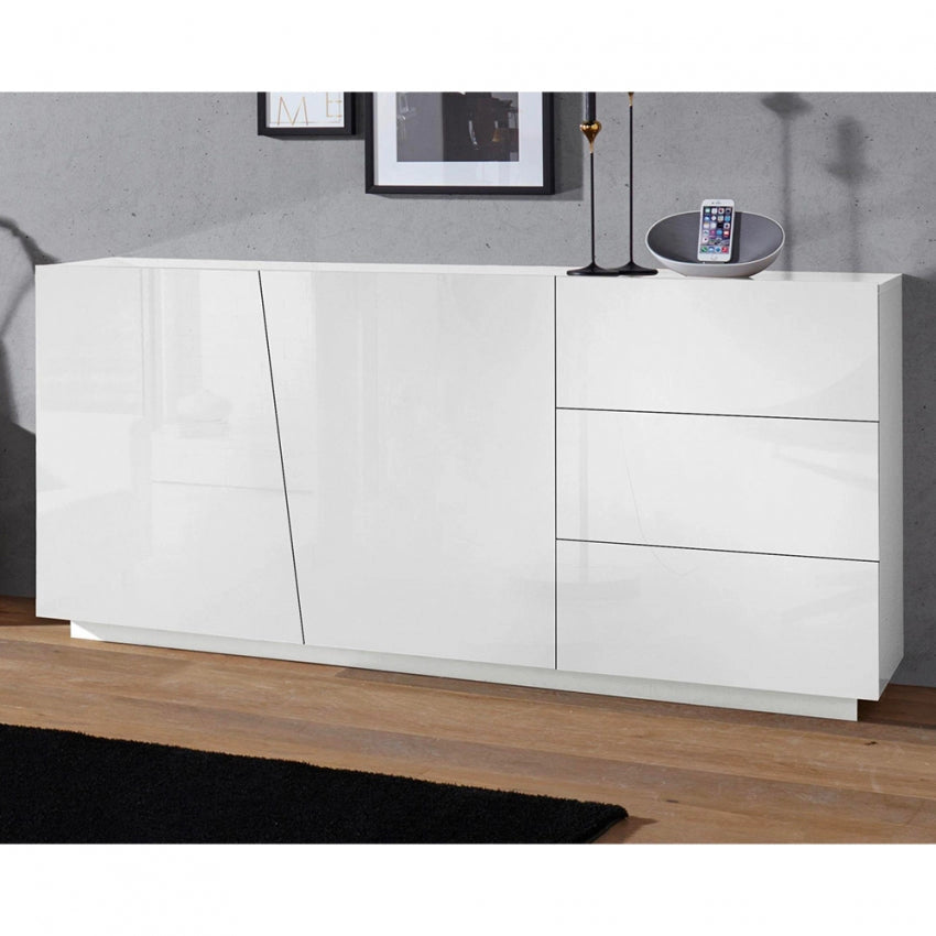 Credenza VEGA: Moderna con 2 ante a battente e 3 cassetti, colore bianco lucido 180.