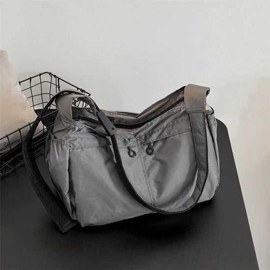 Borsa nylon grande, nonchalante, impermeabile per spalla, hobo, mano, cintura per lavoro, pendolarismo e shopping - grigio