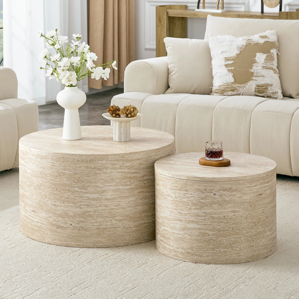Set di 2 tavolini rotondi impilabili con spazio contenitore, effetto legno, MDF, per salotto