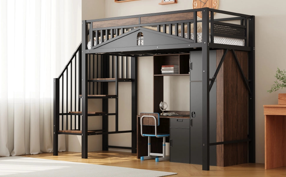 Letto a castello metallo e legno nero 90x200 cm con ringhiera