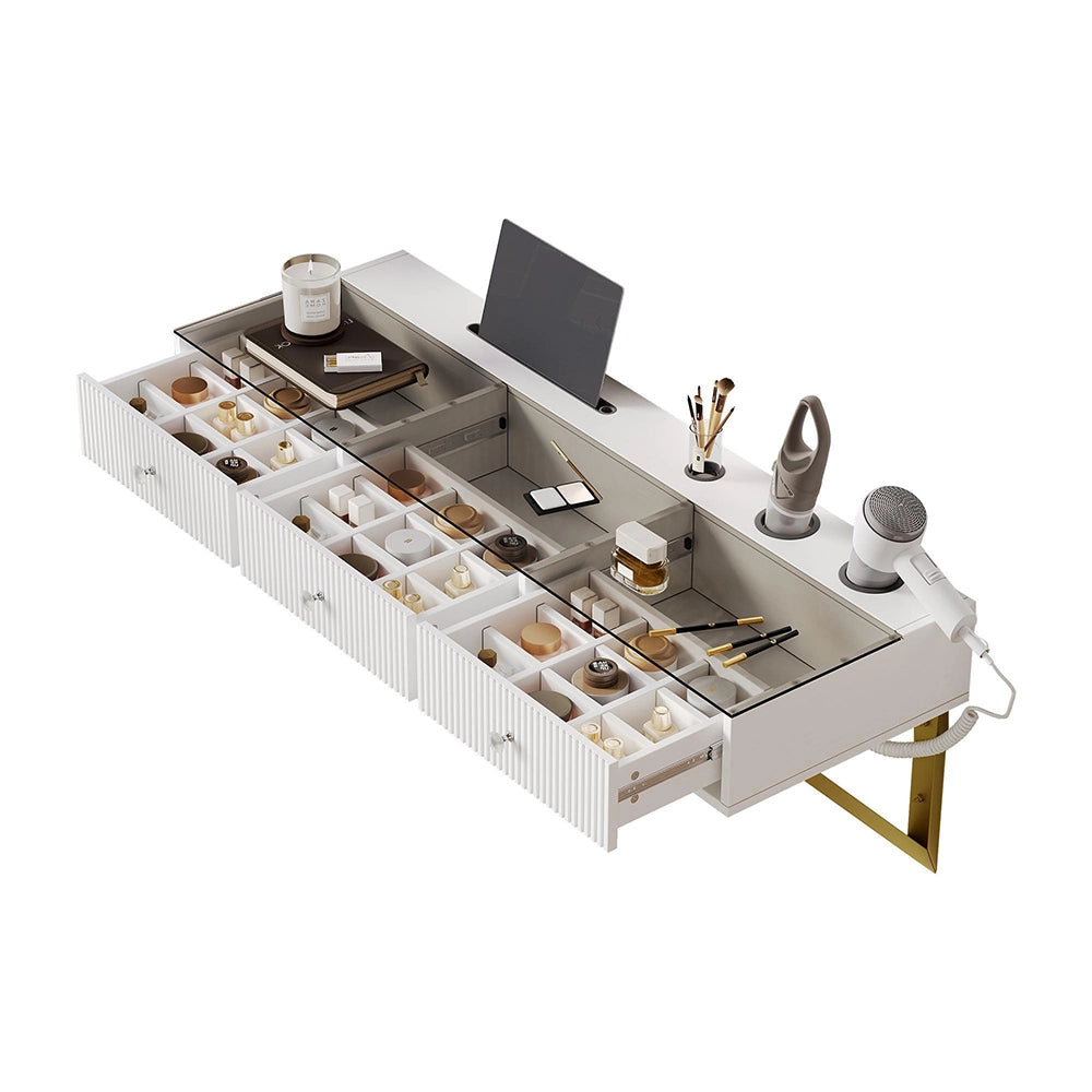 Coiffeuse sospesa con 3 cassetti - Xylo - 120¡Á40¡Á45cm - Bianco - Piano in vetro e porta bicchieri