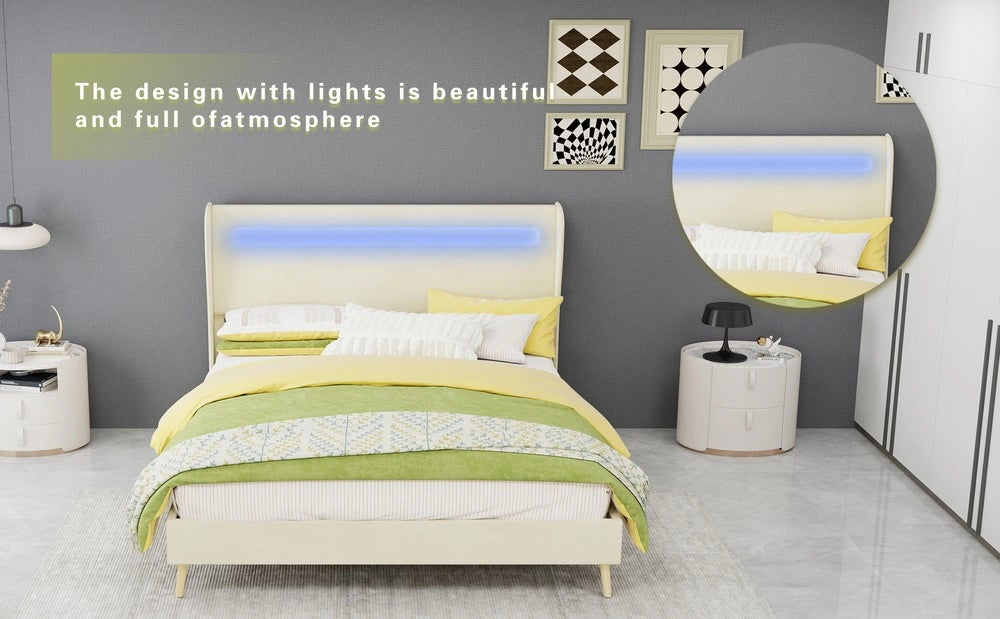 Letto imbottito con testiera LED ¨C Minimal ¨C 140x200 cm beige con materasso