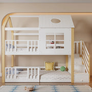 Letto a castello con scala contenitore in legno massiccio e MDF 90x200 cm