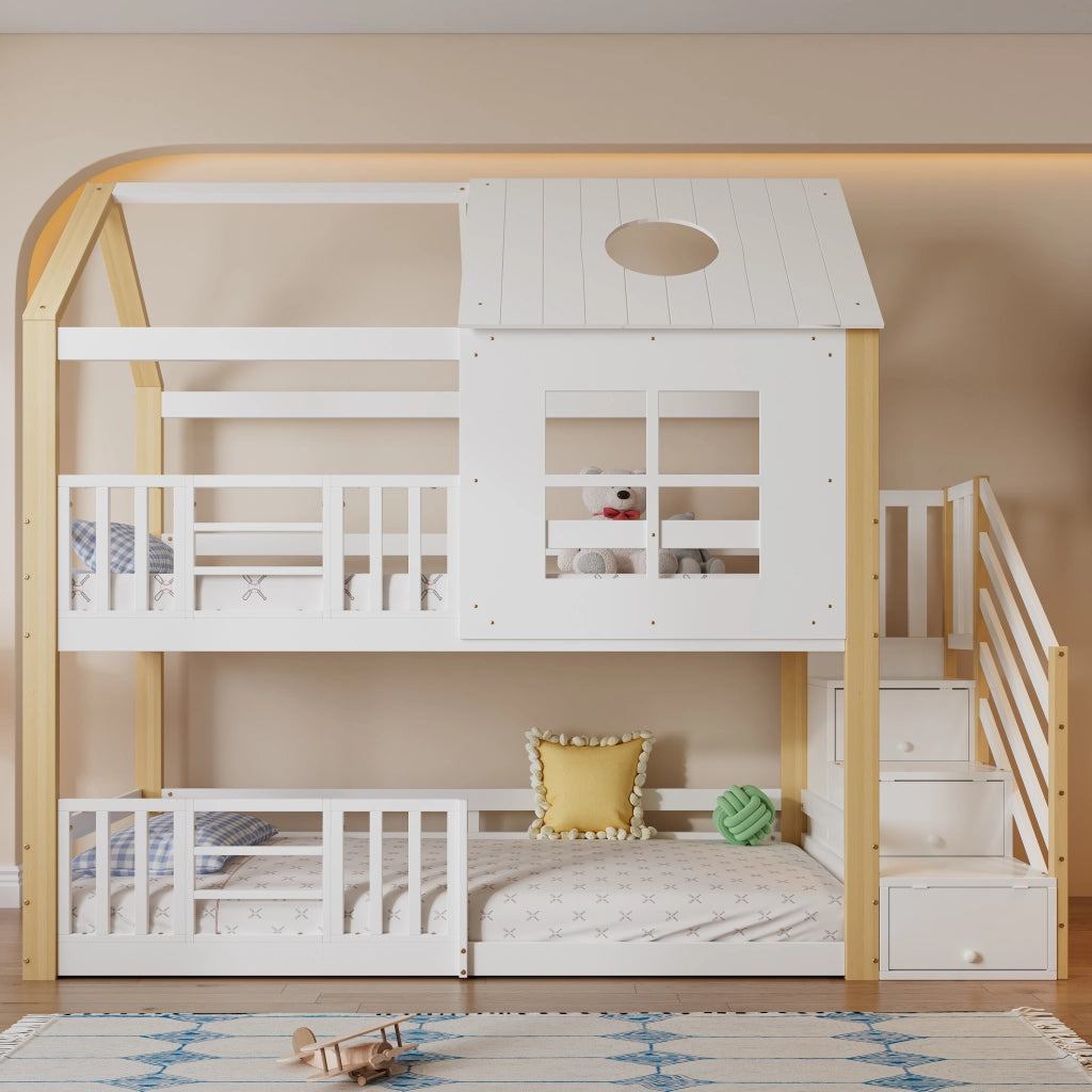 Letto a castello con scala contenitore in legno massiccio e MDF 90x200 cm