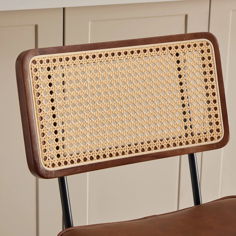 Sgabello da Bar ¨C MINIMAL ¨C Marrone, Rattan, Gambe in Metallo, PU, Senza Braccioli, Set 2 Pezzi