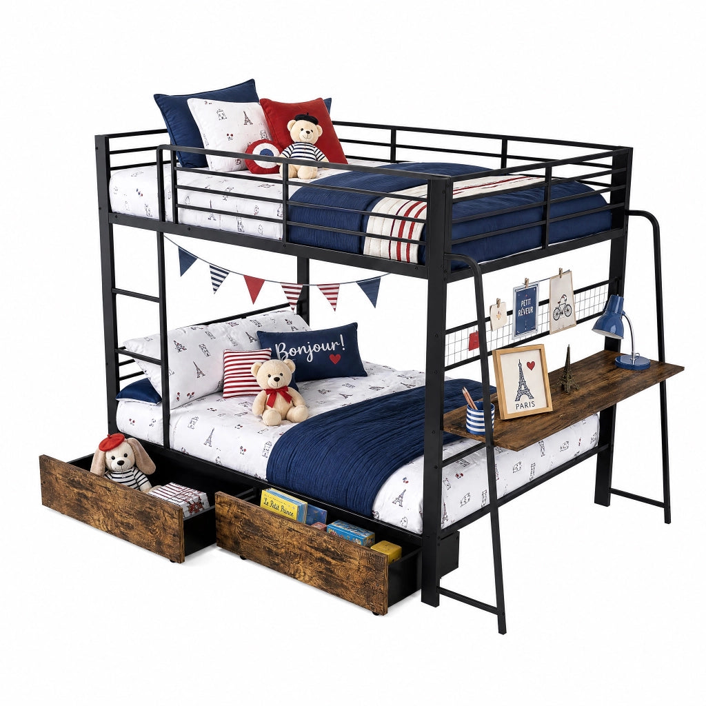 Letto a soppalco 140x200 cm con scrivania; LED e presa in MDF e metallo nero
