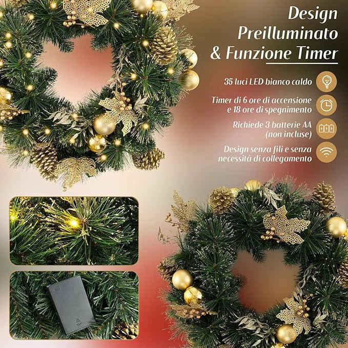 Ghirlanda Natalizia 60 CM con Luci LED Bianche Calde, Aghi di Pino, Pigne, Bacche, Ghirlanda di Natale a Batteria per Porta d'Ingresso, Finestra, Decorazione Natalizia Interna ed Esterna