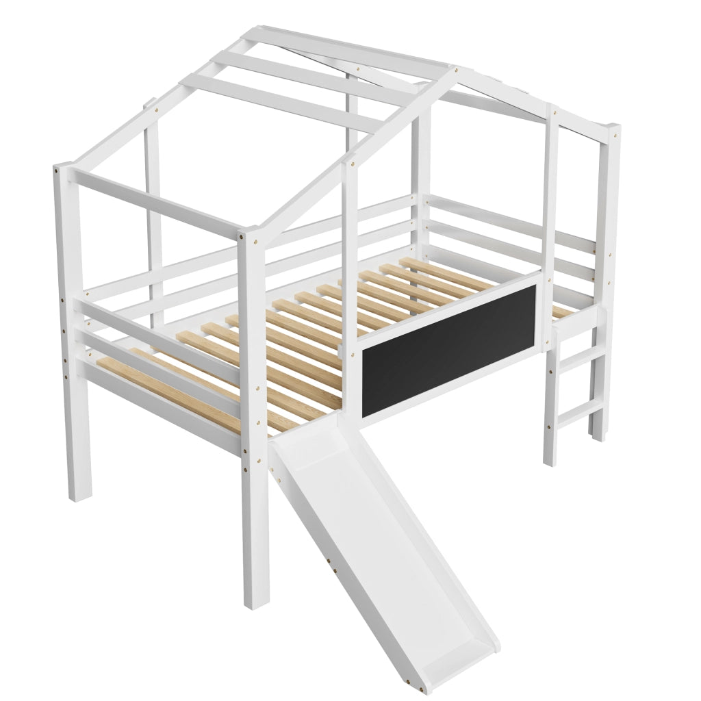 OKWISH Letto a Soppalco Bambini 90×200 cm, Letto Singolo con Scala di Sicurezza, Scivolo e Lavagna, senza Materasso, in Legno Massello, Bianco