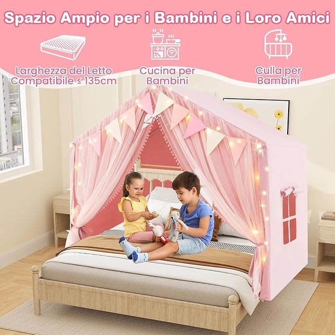 Tenda da Gioco per Bambini, Tenda Castello per 3-4 Bambini con Tende in Tessuto e Rete Luci a Stella e Finestre, Materassino in Cotone, per Bambini 3 Anni+, 146x96x133 cm (Rosa)