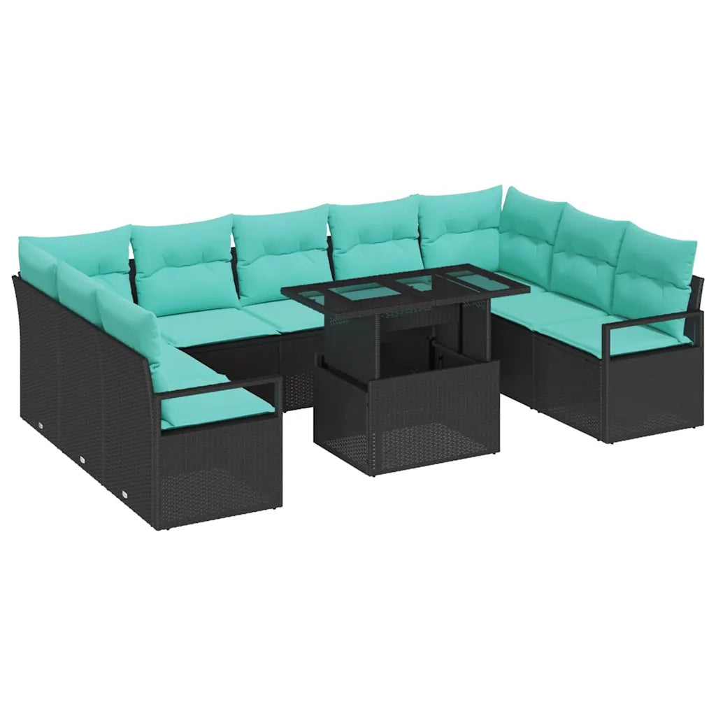 Set Divano da Giardino 10 pcs Nero e Blu Poly Rattan