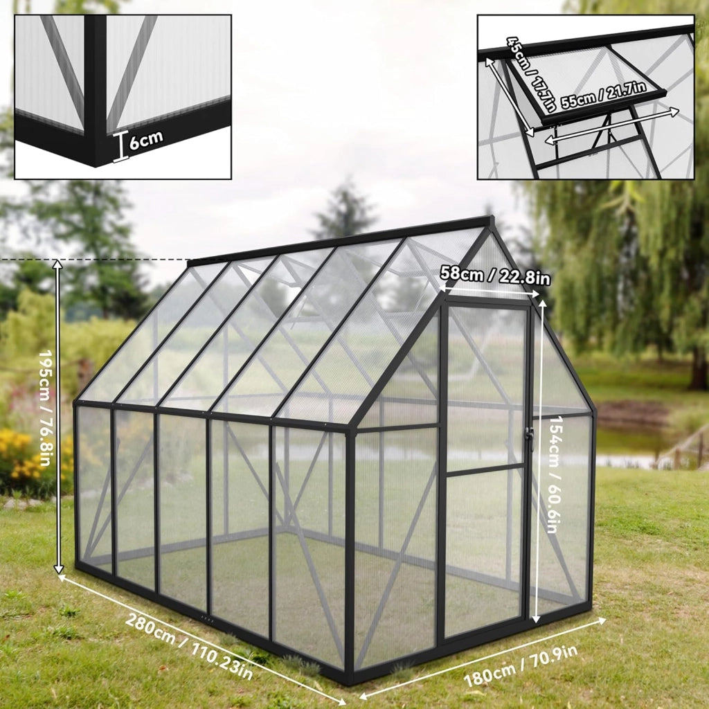 Serra da giardino in alluminio, con base da 6 cm e piastra in policarbonato da 4 mm, per pomodori, da giardino, resistente ai raggi UV, resistente alle intemperie, per il giardino, 280 x 180 x