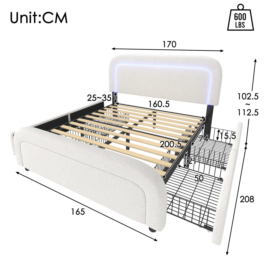 Letto imbottito 160x200 cm bianco in sherpa con LED, USB-C e 4 cassetti