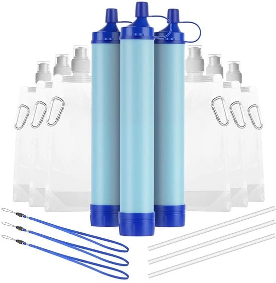 Filtro d'acqua portatile per esterno, 3 pezzi, con due sacchi di stoccaggio d'acqua, filtro diretto per bere immediatamente per campeggio, escursioni, viaggi e emergenze, modello 3 Stuks Waterfilter