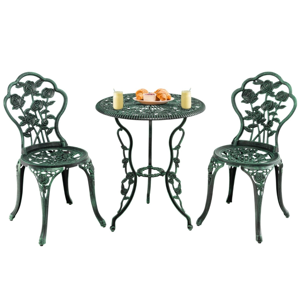 Set 3 pezzi da esterno in ghisa e alluminio, Tavolo con foro per ombrellone e 2 sedie da giardino Verde scuro-Set mobili da esterno