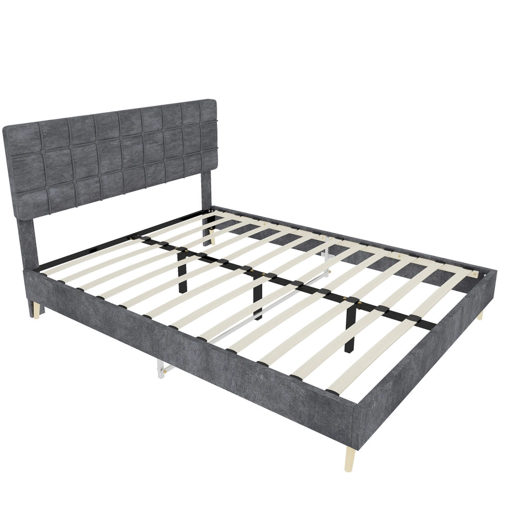 Letto 140x200 cm con testiera trapuntata e gambe in legno in velluto grigio