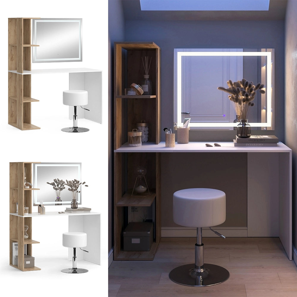 Vicco Tavolo da toeletta Bianco/Sonoma 122.2 cm con specchio LED e sgabello