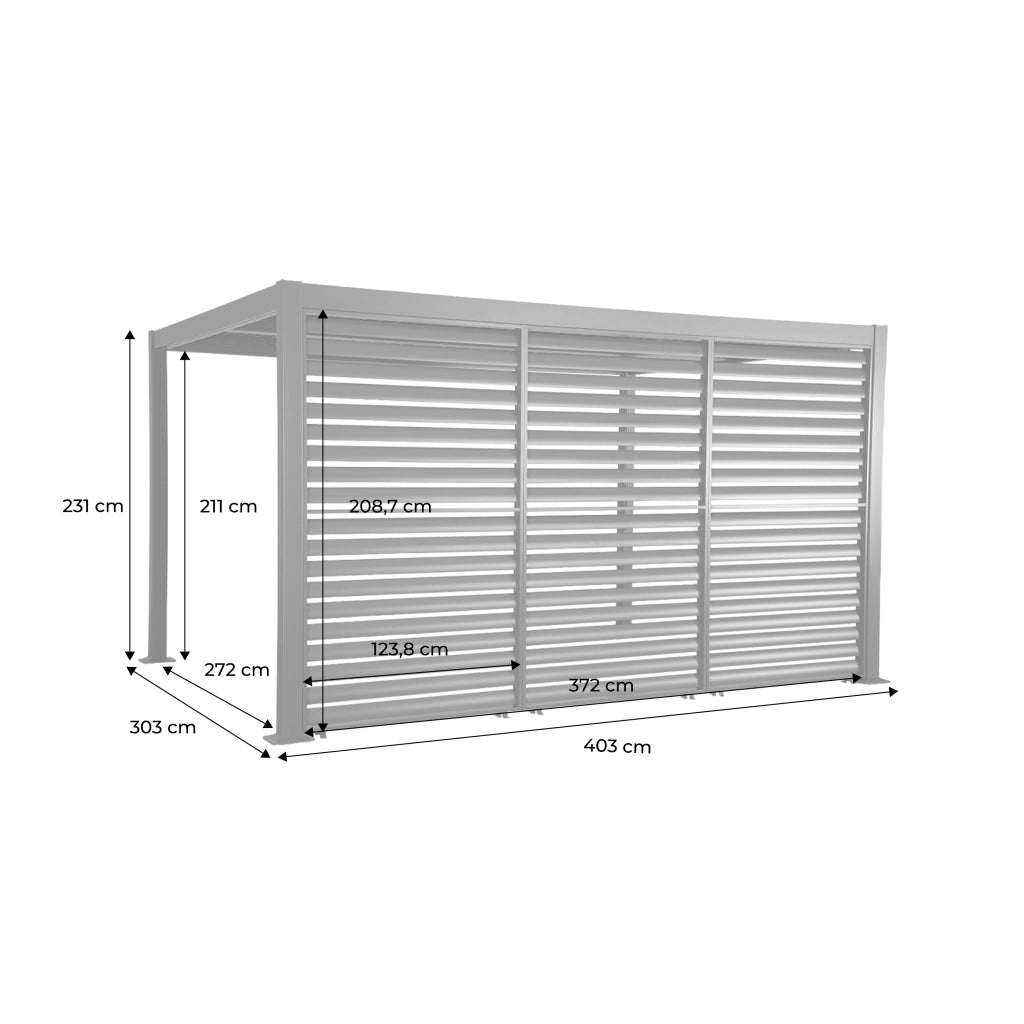 Pergola bioclimatica 3x4m in alluminio e acciaio + 3 persiane 1.3m,