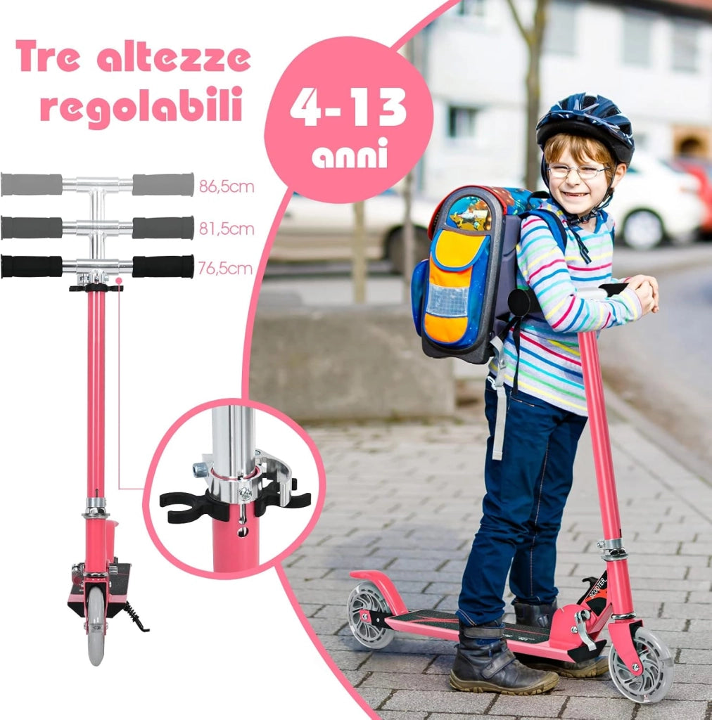 Monopattino Bambini, Monopattini a Spinta Pieghevole e Regolabile in 3 Altezze, con 2 Ruote Lampeggianti, Freno e Cavalletto, Portata 70 kg