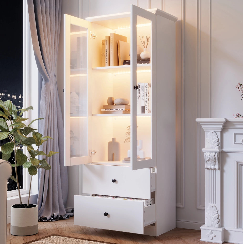 Vetrina moderna LED bianca opaca 165 cm con 2 cassetti; ripiani regolabili e ante in vetro