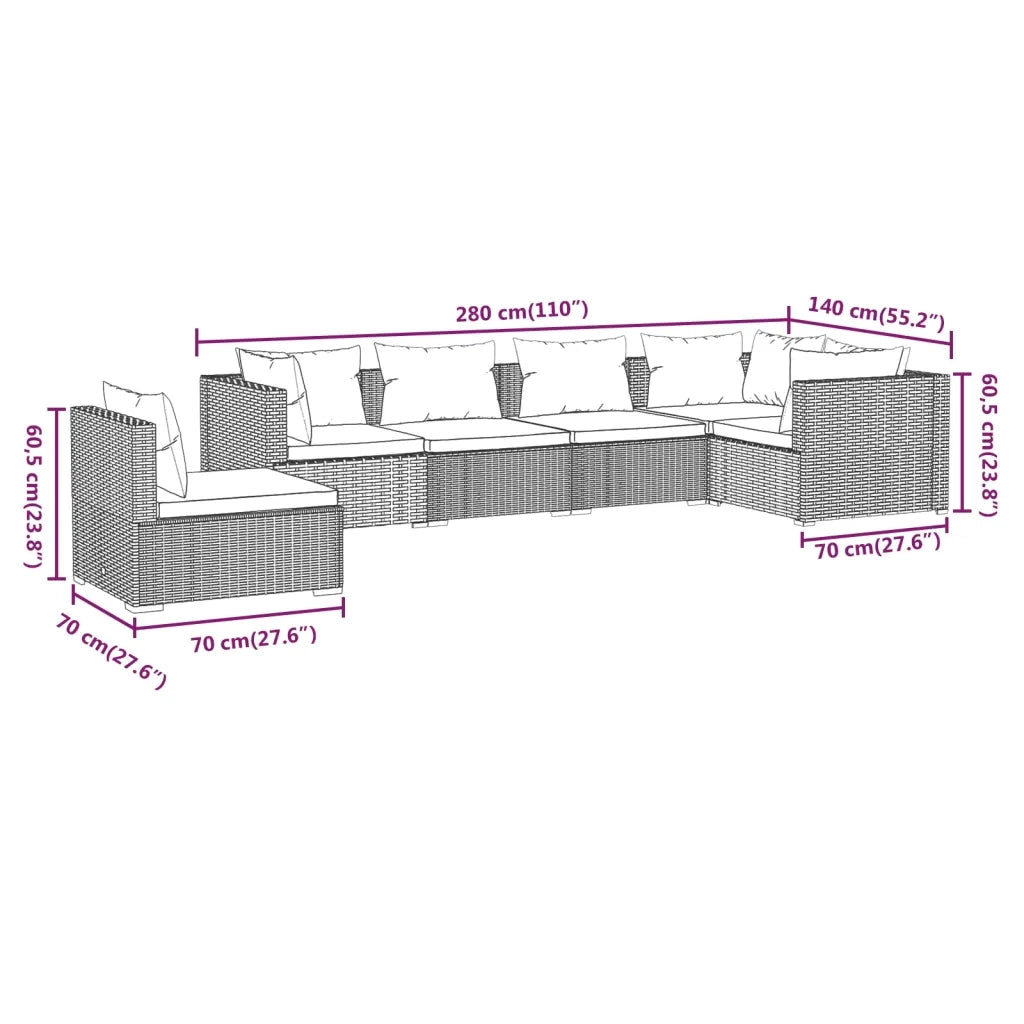 Set Divani da Giardino 6 pz con Cuscini in Polyrattan Nero cod mxl 35108