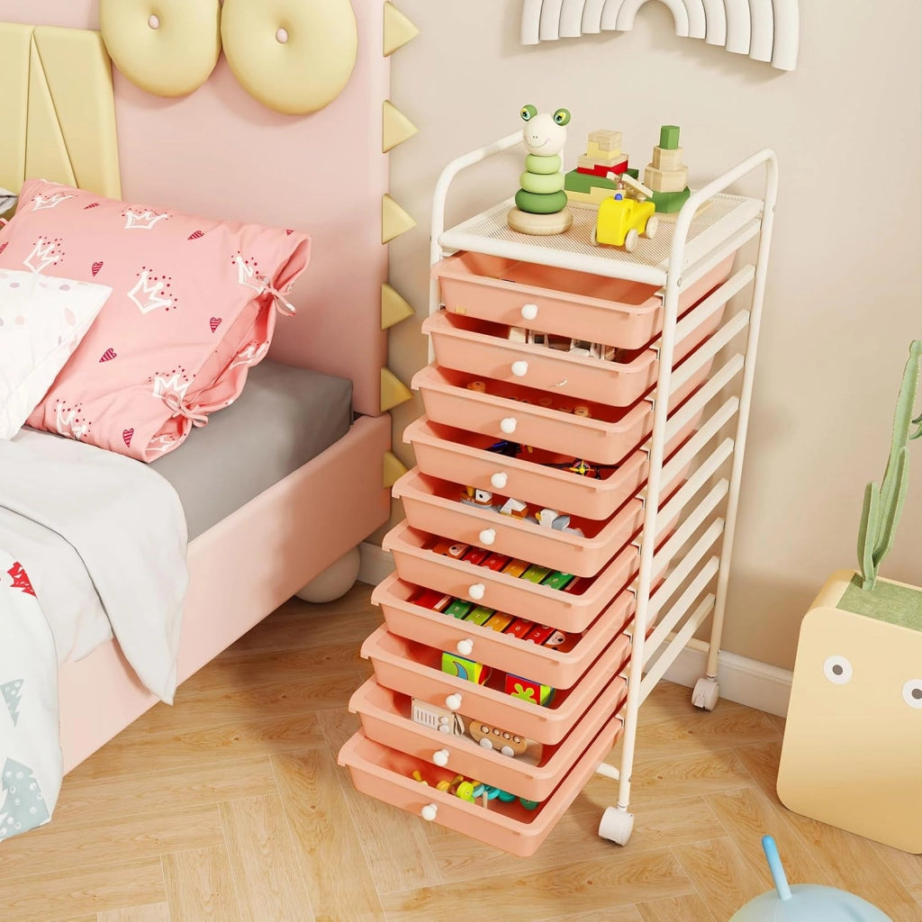 Carrello con 10 Cassetti da Stoccaggio, Cassettiera di Metallo e Plastica, Contenitore Multiuso con Ruote a Freno, per Casa e Ufficio (Arancia)