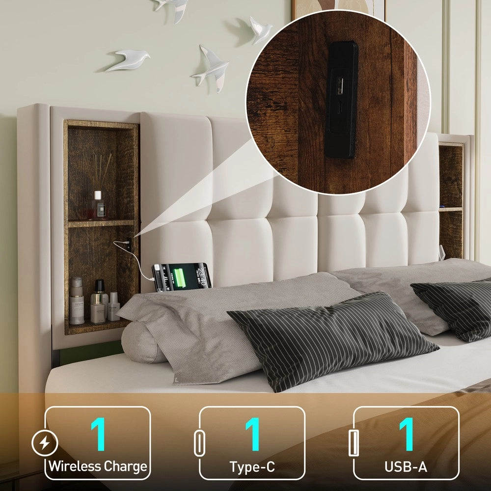 Letto Matrimoniale Imbottito con Materasso ¨C MINIMAL ¨C 160x200 Velluto Beige, 4 Cassetti, Rete a Doghe
