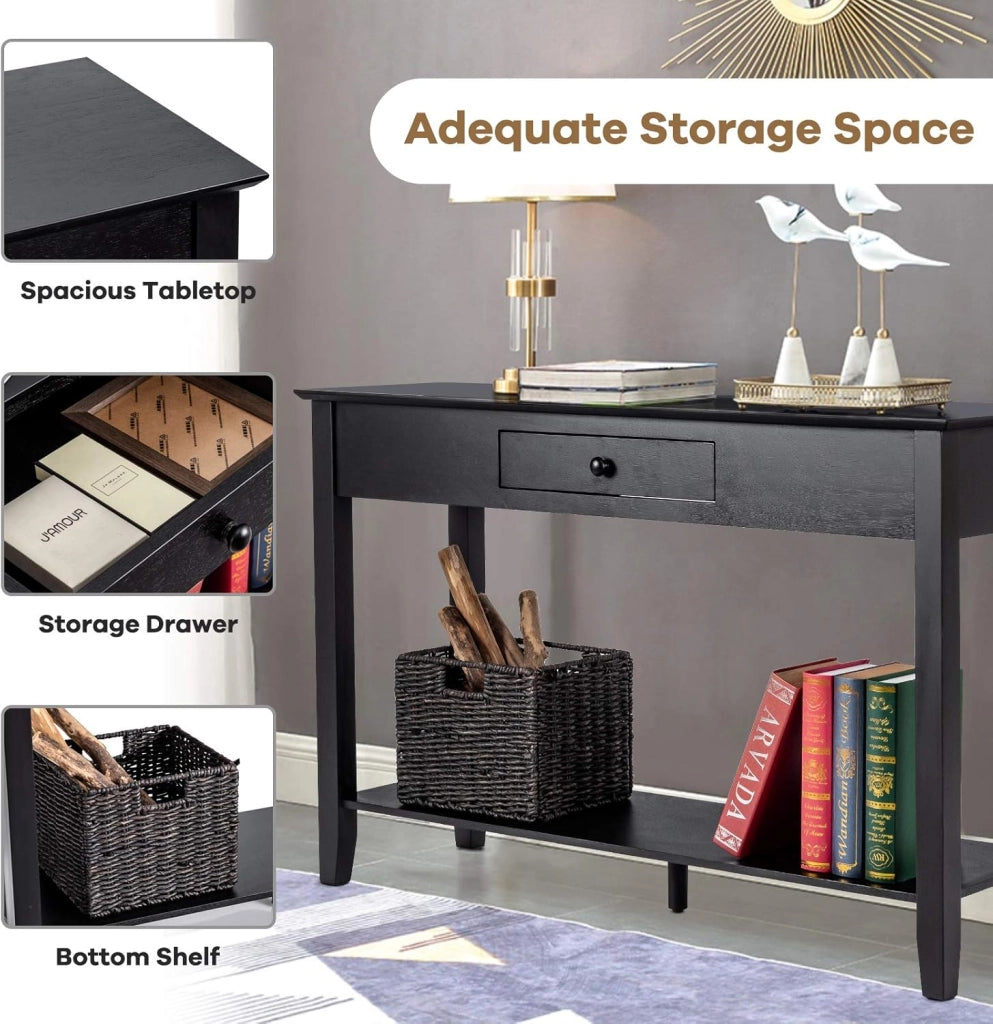 Tavolo consolle con cassetto, ripiano e piattaforma di visualizzazione a 2 ripiani in legno per ingresso, corridoio, soggiorno, camera da letto, tavolo multifunzionale per ingresso (nero)