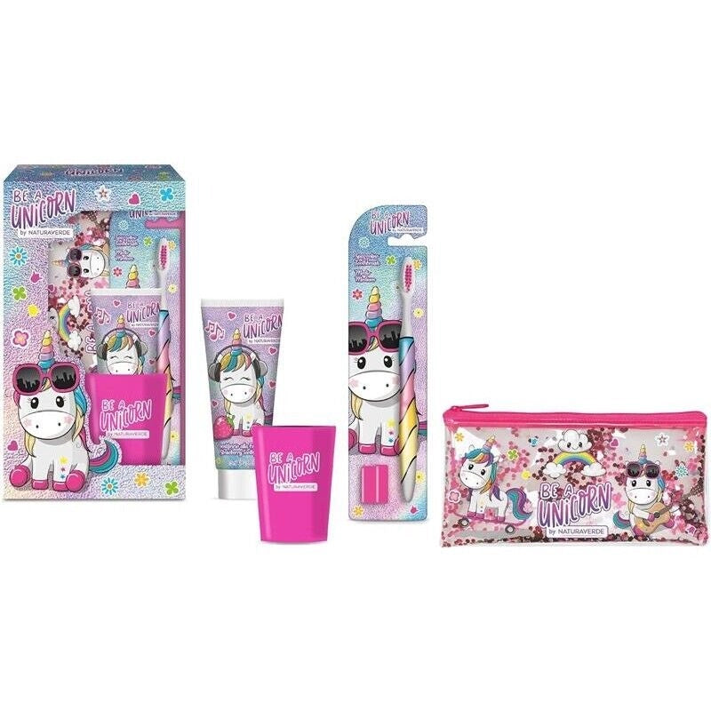 UNICORNO COFANETTO REGALO CON SPAZZOLINO DA DENTI MANUALE CON SETOLE MEDIE E DENTIFRICIO ALLA FRAGOLA, 75 ML