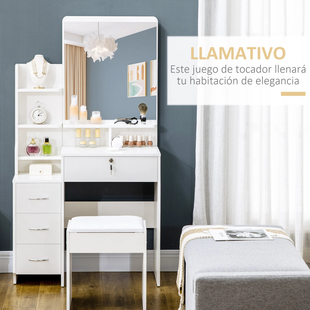 Toilette con Specchio e Sgabello ¨C Xylo ¨C 4 Cassetti Bianco Moderno 80x38x143cm